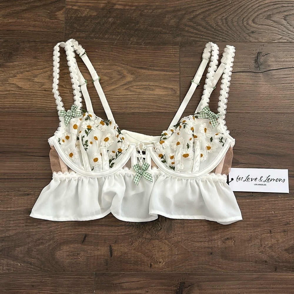 For Love & Lemons White Floral Embroidered Ruffle Bra